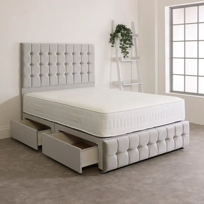 Elegant upholstered divan beds with storage and matching headboards – premium fabric designs, available in single, double, king, and super king sizes.