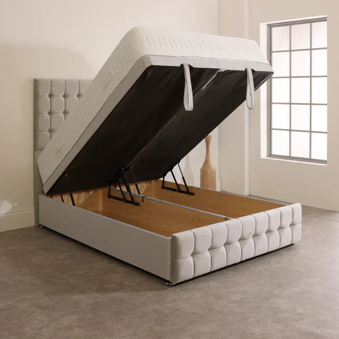 Luxury upholstered ottoman storage bed with gas-lift mechanism – space-saving design with under-bed storage, available in single, double, king, and super king sizes.